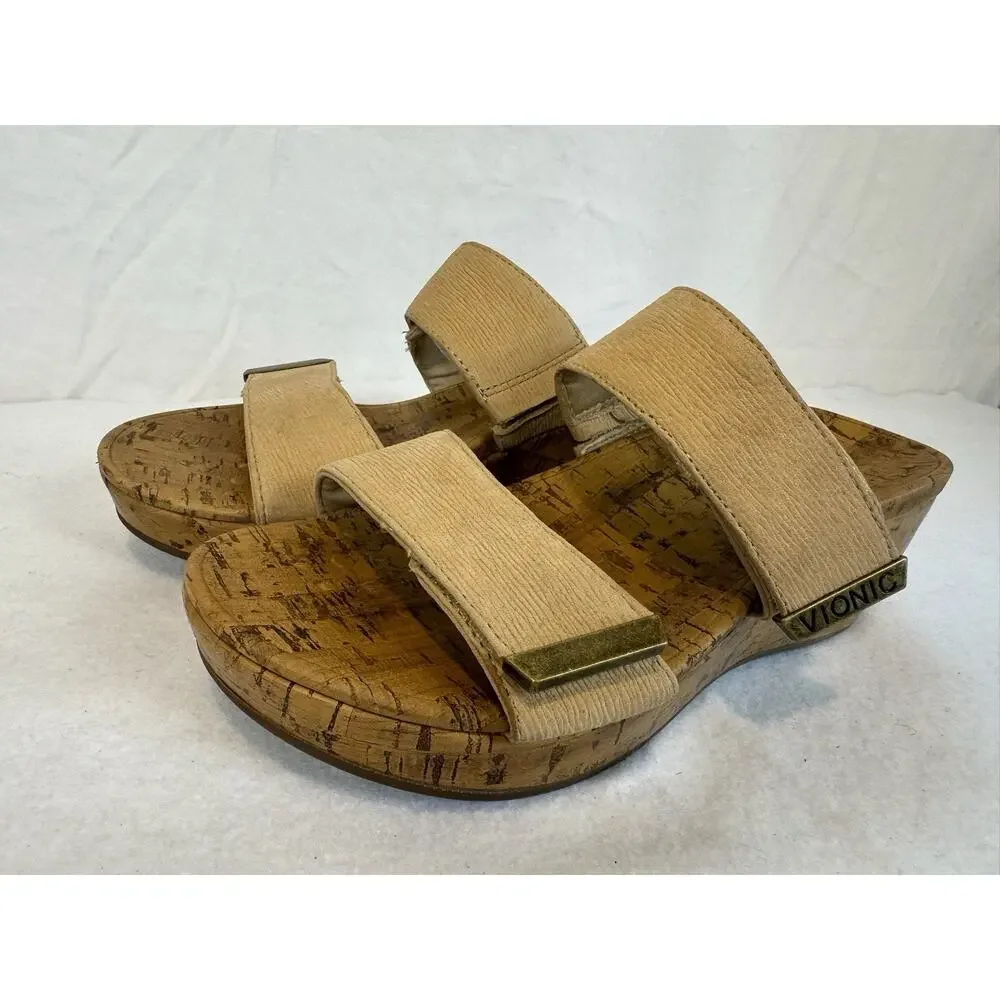 Vionic Pepper Womens Size 8 Wedge‎ Sandals Beige Leather Adjustable Strap